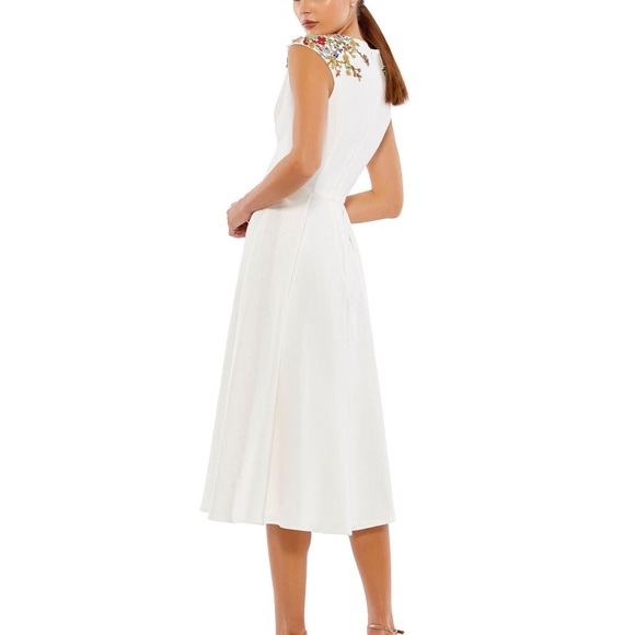 Mac Duggal Cap Sleeve Multi Gem Embellished White Midi Dress - Picture 4 of 7